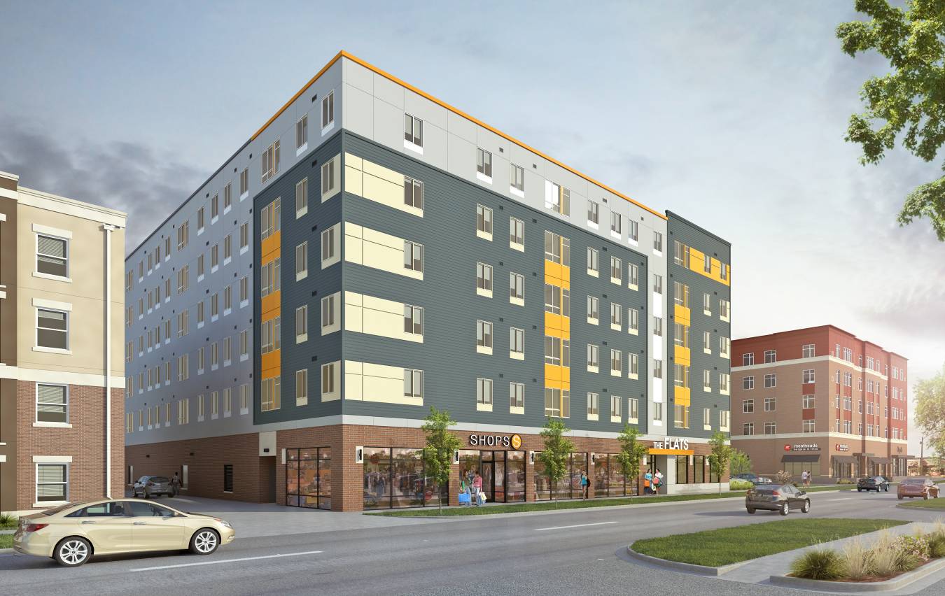 A 135,000 square feet retail and student apartment project near Illinois State University. The structure consists of a precast concrete podium above the parking and retail area at grade level. Five-story apartments wrap around a landscaped courtyard. The apartment structure is five-story wood framed walls and wood truss floor framing. The soil conditions necessitated deep auger-cast pile foundations.